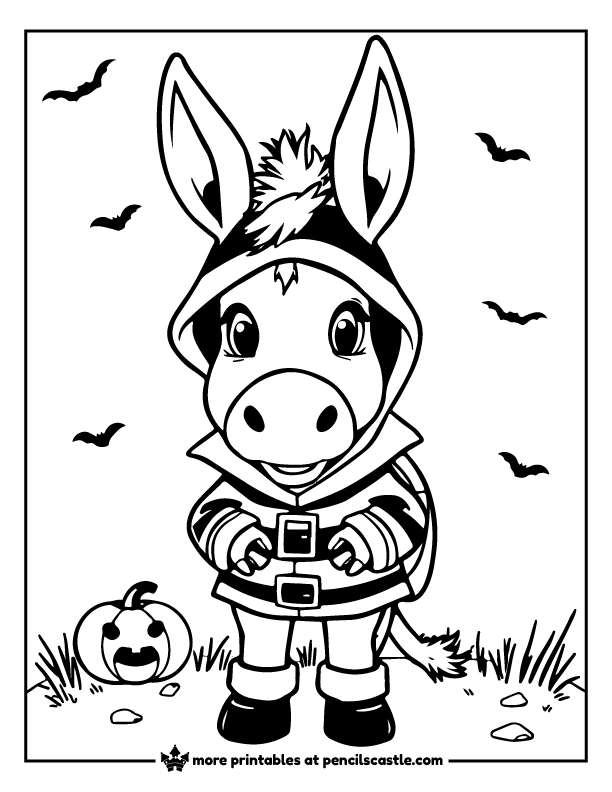 donkey wearing a Halloween costume with a jack-o'-lantern and bats coloring sheet