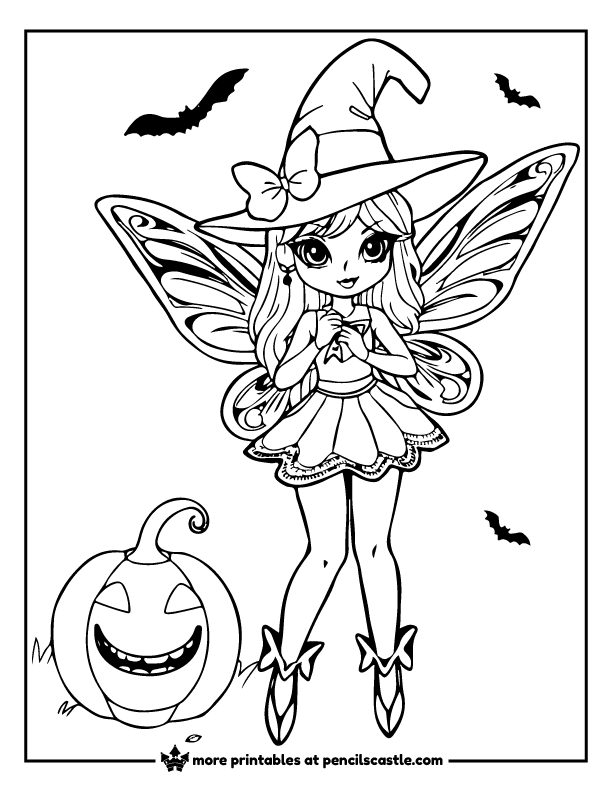 fairy in a witch costume with bats and a jack-o'-lantern pumpkin coloring page