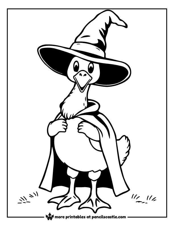 goose wearing a witch hat and a cape coloring page