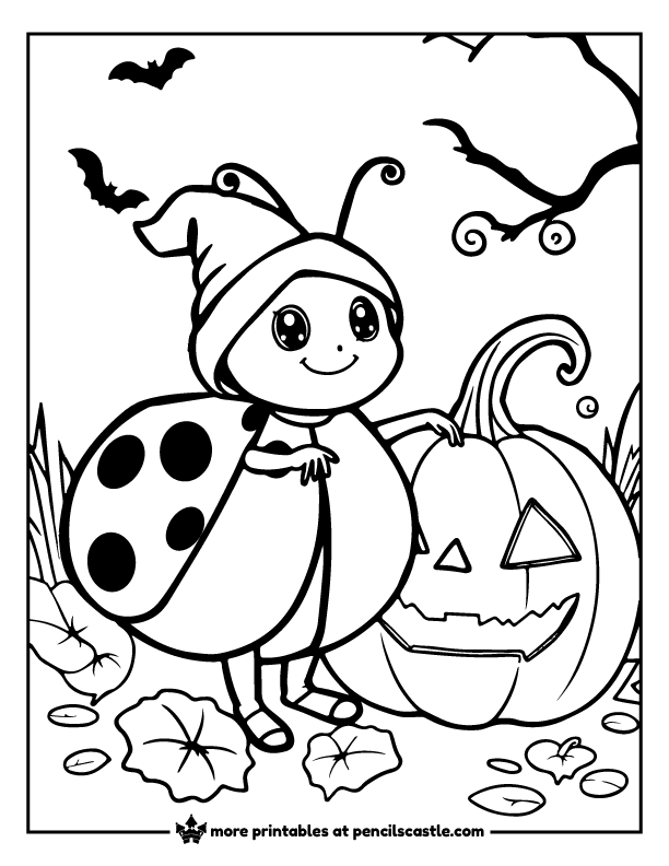spooky ladybug in a witch hat next to a carved pumpkin coloring sheet