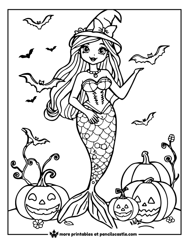 mermaid in a witch hat with jack-o'-lanterns and bats coloring page