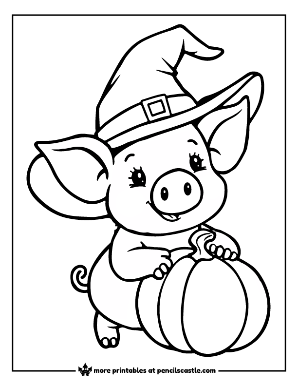 pig wearing a witch hat and holding a pumpkin coloring page