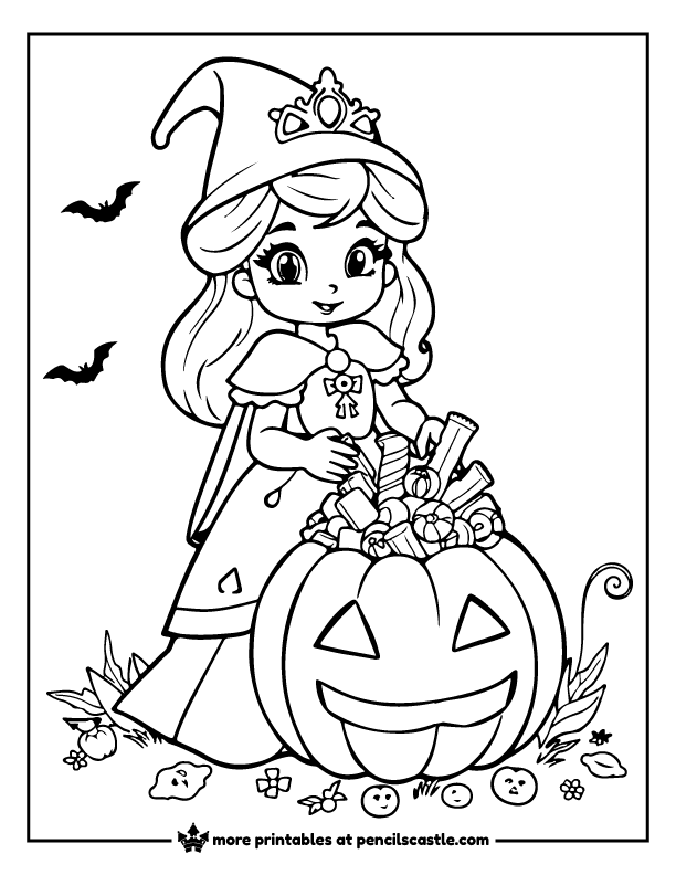 Princess in a spooky costume with a pumpkin bucket full of treats coloring page