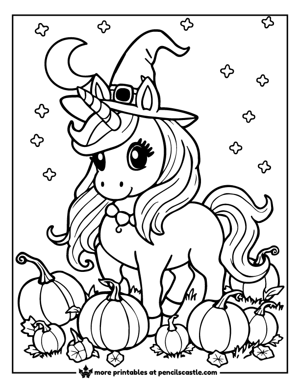 unicorn in a witch hat with pumpkins and autumn leaves coloring page