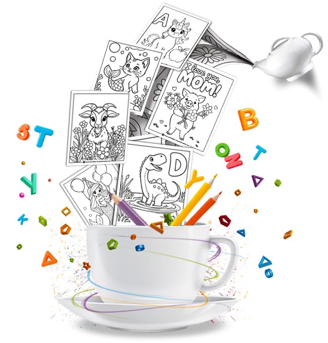 Fantasy illustration showing a teapot pouring a stream of coloring pages, colorful alphabet letters, geometric shapes, and colored pencils into a teacup