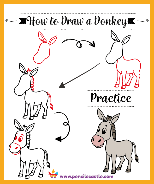 how to draw a donkey, easy step-by-step drawing