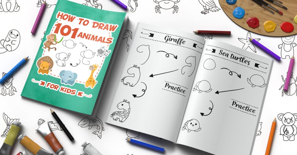 how To draw 101 animals book mockup featuring animals drawing steps, with pencils, paint tubes, and a paint palette on the background
