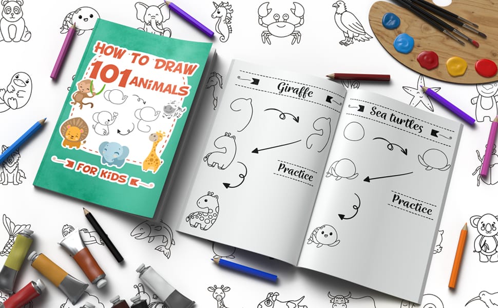 how To draw 101 animals book featuring animals drawing steps, with pencils, paint tubes, and a paint palette on the background