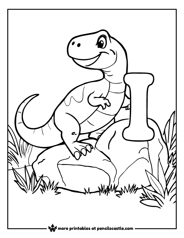 iguanodon standing on a rock near a letter I coloring page