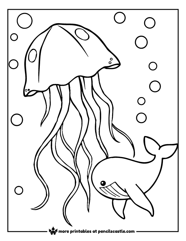 Jellyfish and baby whale swimming together in the ocean coloring page