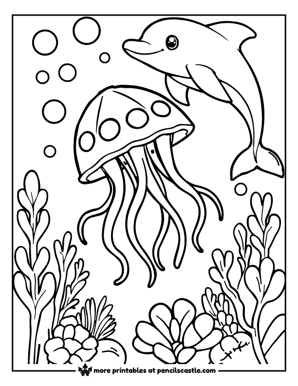 Jellyfish playing with a dolphin under the ocean coloring page