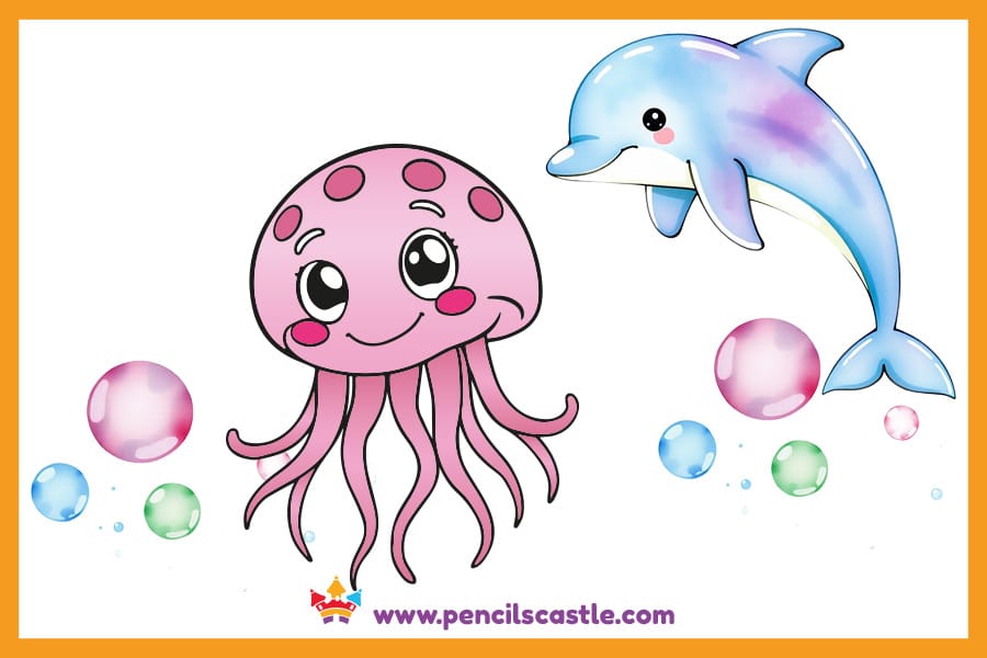 Jellyfish drawing next to a dolphin