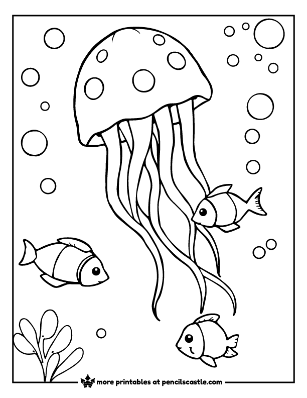 Jellyfish surrounded by fish and bubbles coloring page