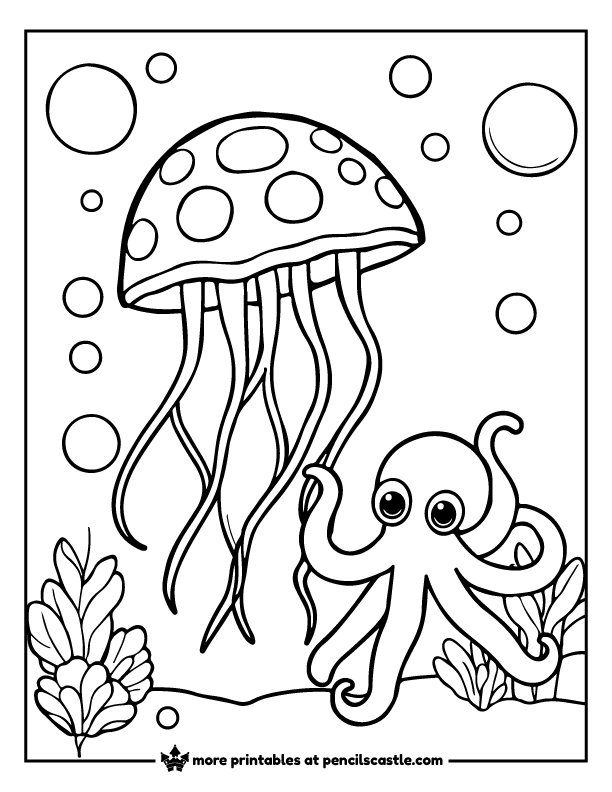 Jellyfish floating with a playful octopus coloring page