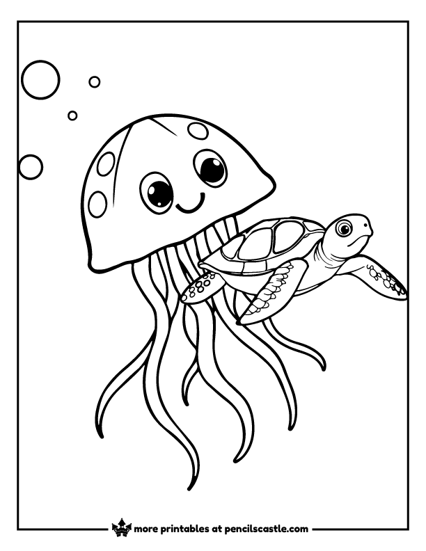 Jellyfish floating beside a sea turtle coloring sheet