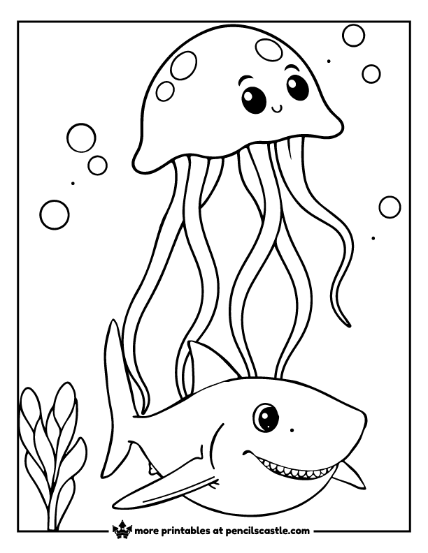 Jellyfish floating above a smiling shark coloring sheet