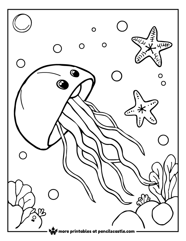 Jellyfish swimming near starfish friends coloring sheet