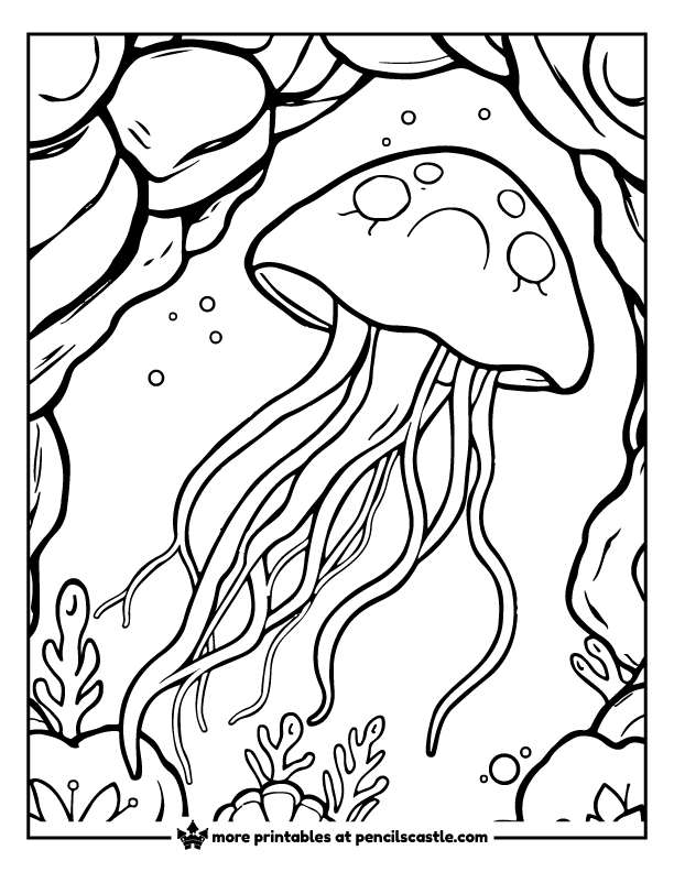 jellyfish floating outside an underwater cave coloring sheet