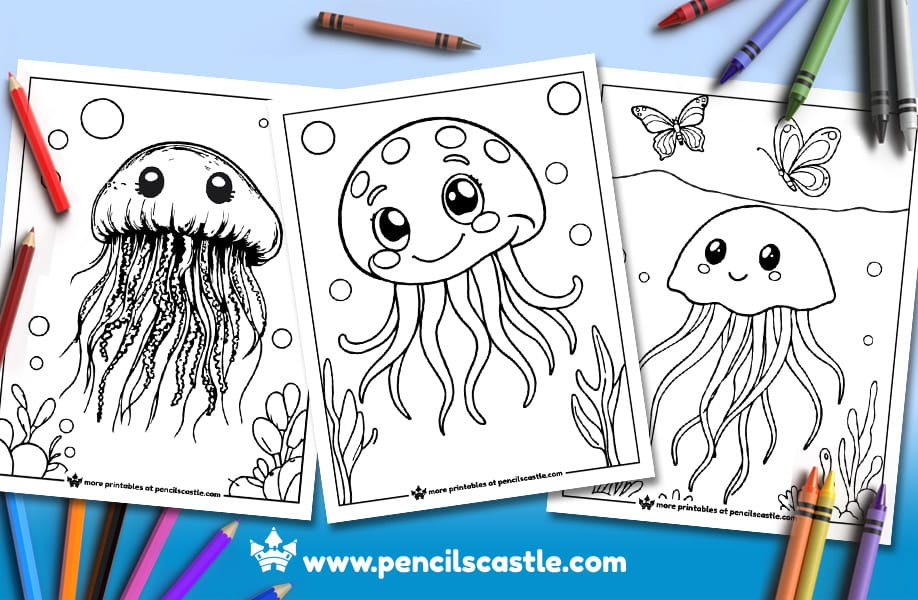 three jellyfish coloring pages with pencils and crayons on a light blue background