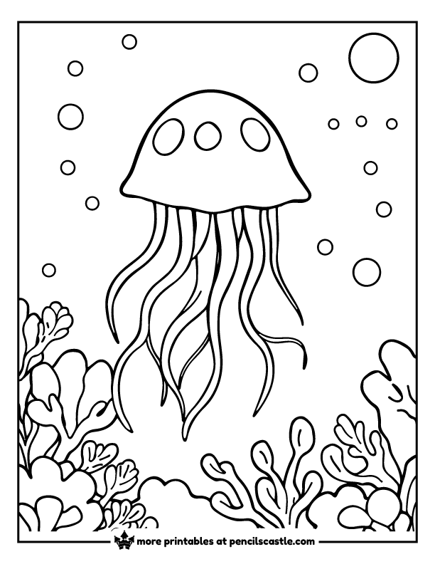 Jellyfish drifting above coral reefs coloring sheet