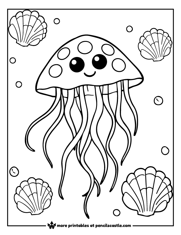 Cute smiling jellyfish surrounded by seashells coloring page