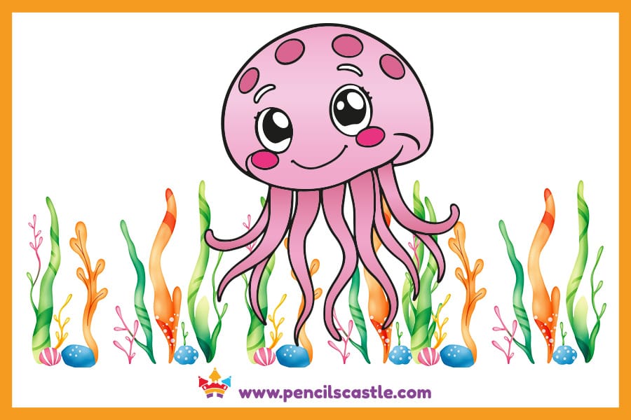 Jellyfish drawing surrounded by colorful seaweed