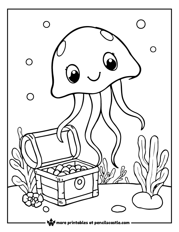 Cute jellyfish floating by a treasure chest coloring page
