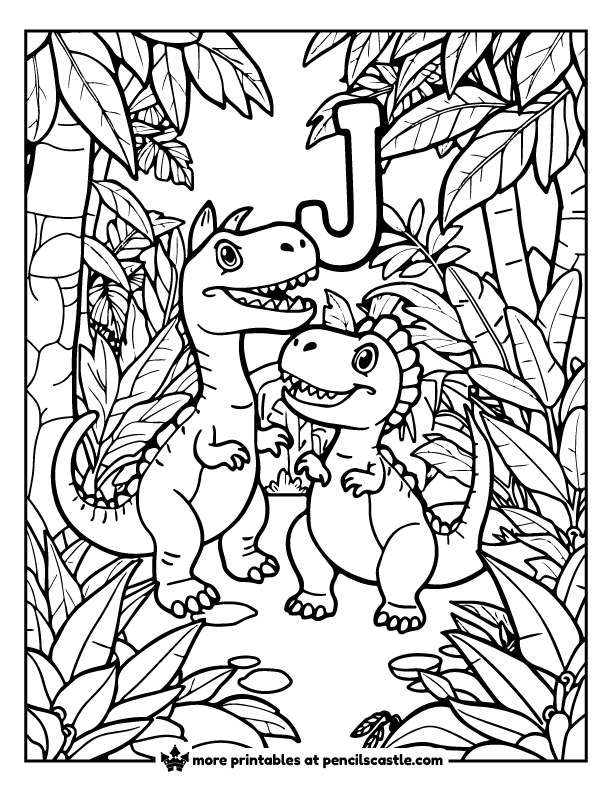 Two dinosaurs in the jungle looking at letter J with trees and leaves coloring page