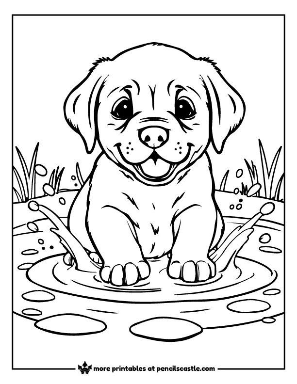 Labrador Retriever puppy splashing in a puddle coloring page