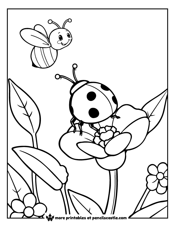 Ladybug on a blooming flower with a bee hovering over it coloring page