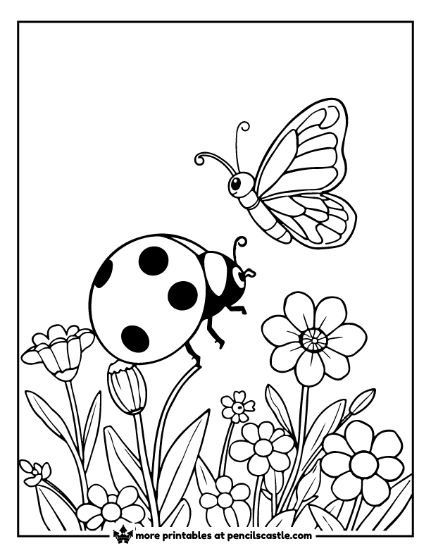 Ladybug crawling on a flower garden with a butterfly fluttering over it coloring page