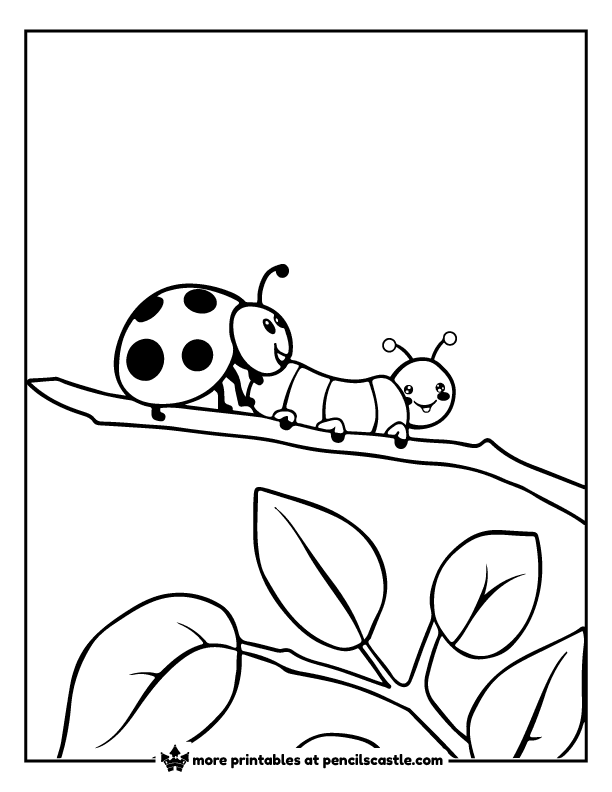 ladybug and cute caterpillar crawling on a branch coloring sheet