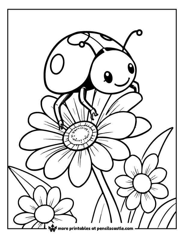 cute ladybug sitting on a daisy coloring page