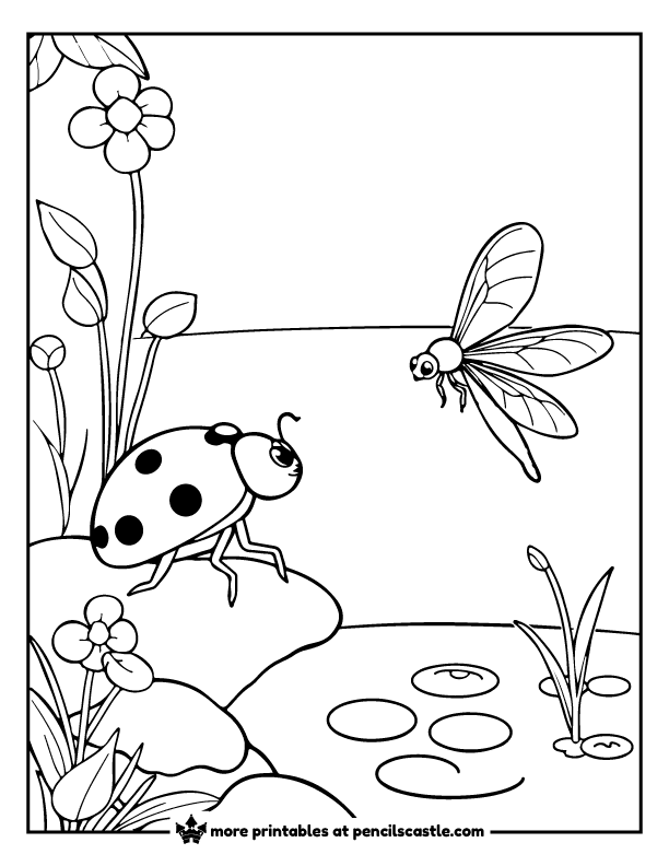 Ladybug meeting a dragonfly near a pond coloring page