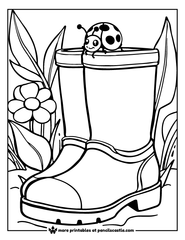 Ladybug resting on a pair of gardening boots coloring page