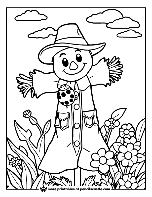 ladybug crawling on a happy garden scarecrow coloring page