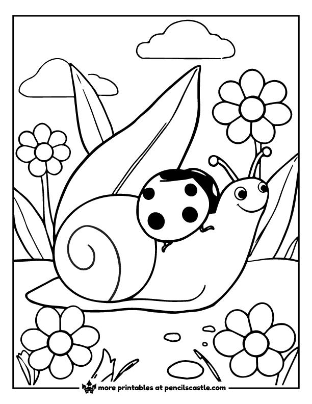 Ladybug sitting on the back of snail in a flower garden coloring page