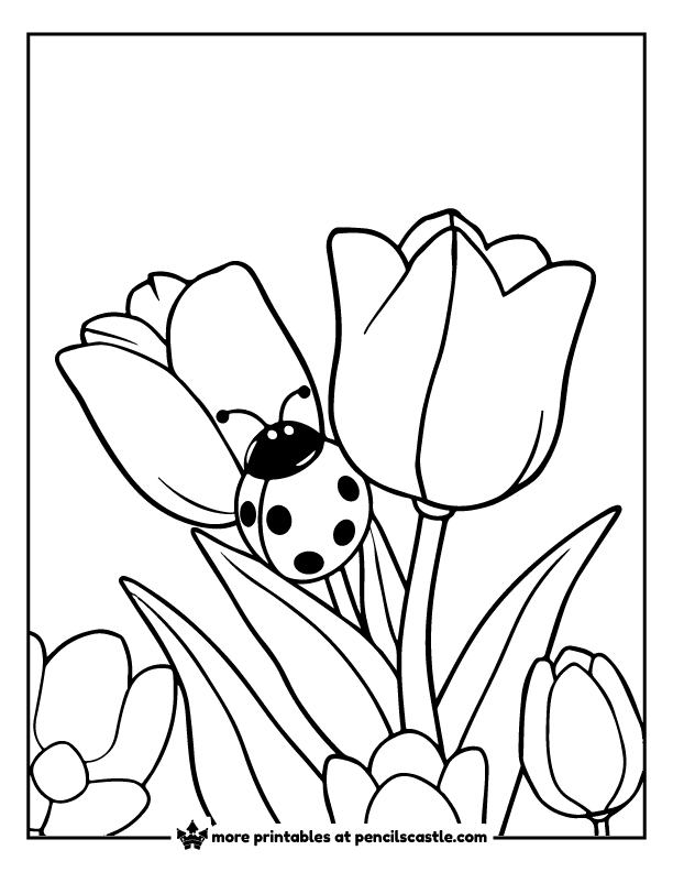 ladybug crawling on a tulip flower coloring sheet
