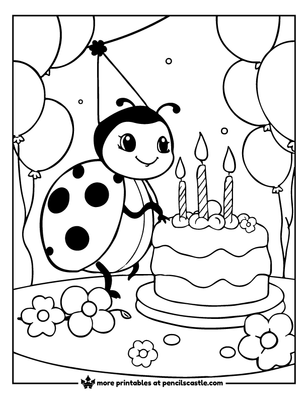 Ladybug wearing a party hat with a birthday cake and balloons coloring page