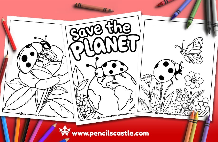 three ladybug coloring pages with pencils and crayons on a red background