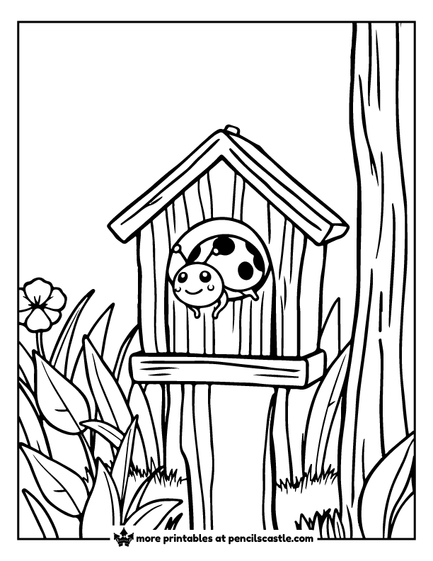 Ladybug peeking out from a wooden birdhouse coloring sheet
