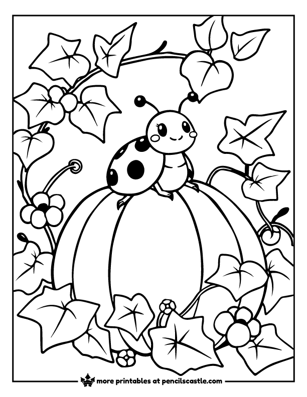 Ladybug sitting on a pumpkin surrounded by vines coloring page