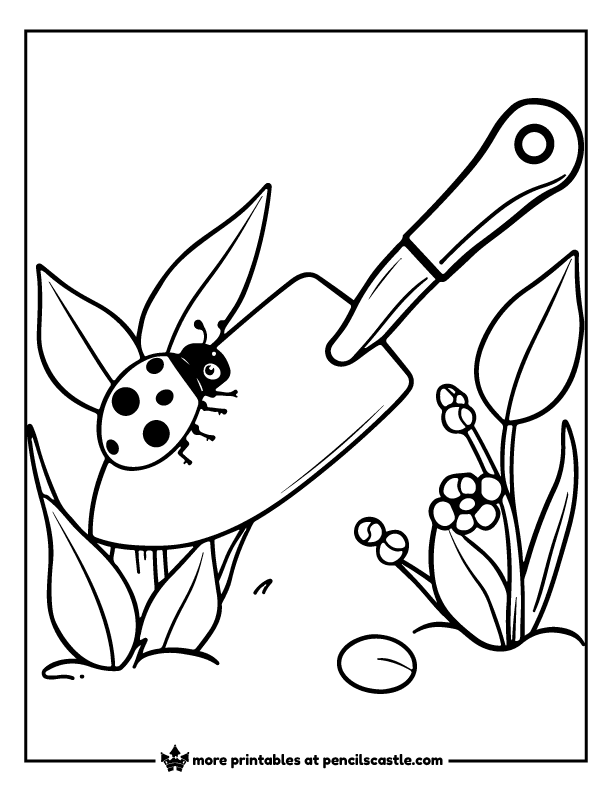 ladybug crawling on a trowel in a garden coloring sheet