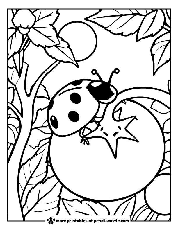 Ladybug walking on a vine full of tomatoes coloring sheet