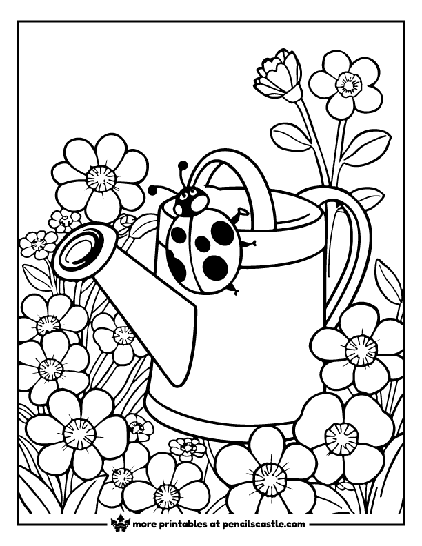 Ladybug perched on a watering can surrounded by flowers coloring sheet