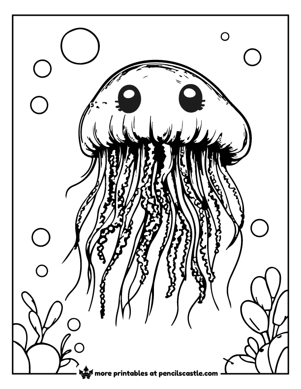 Lion's Mane jellyfish floating among bubbles and sea plants coloring page
