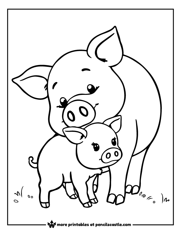 mother pig standing next to a piglet coloring page