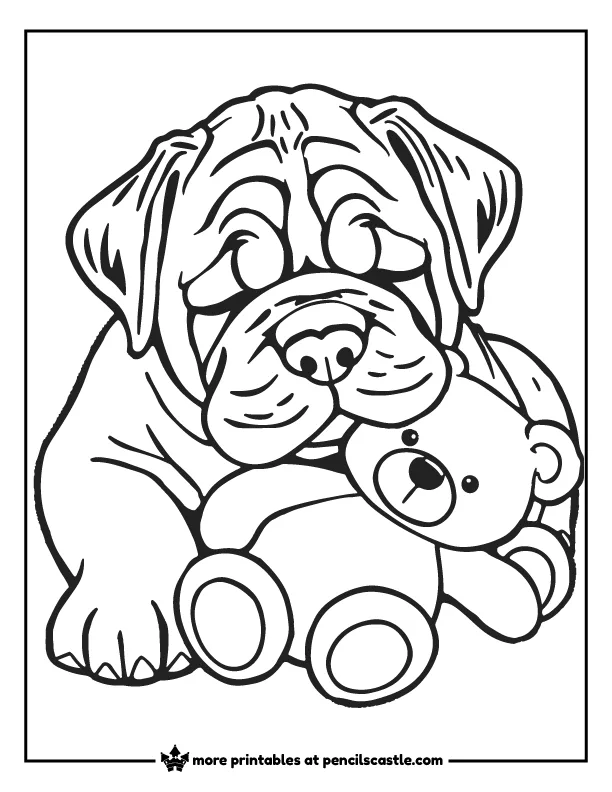 Mastiff puppy sleeping with a teddy bear coloring page