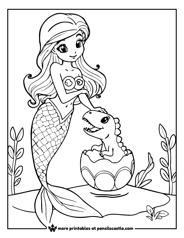 mermaid petting a baby dinosaur hatching from an egg coloring page