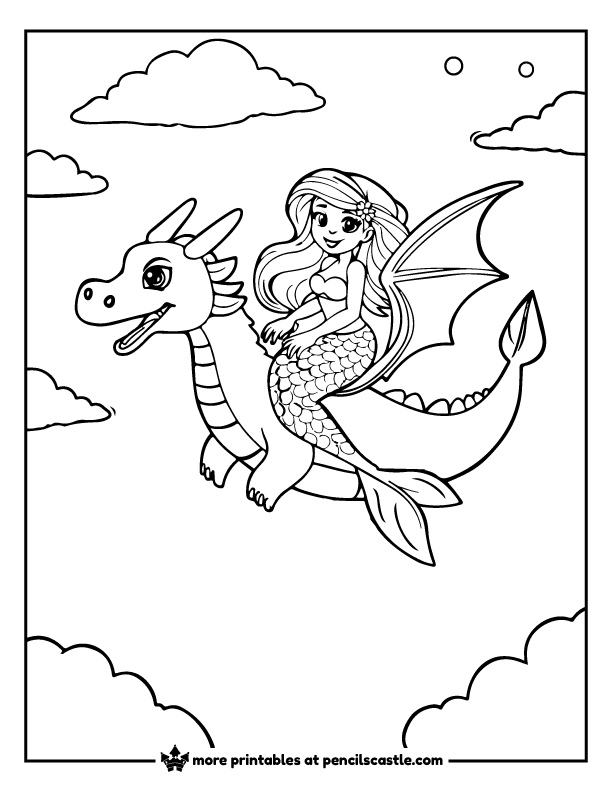 mermaid flying through the clouds on her dragon friend coloring page